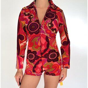 70s vintage red floral psychedelic print one piece fitted zip up romper playsuit
